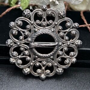 Vintage Norway Tinn Pewter Brooch Openwork Filigree Silver Tone Scandinavian Pin